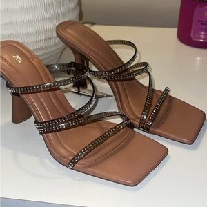 Zara Tan Strappy Heels with Rhinestones